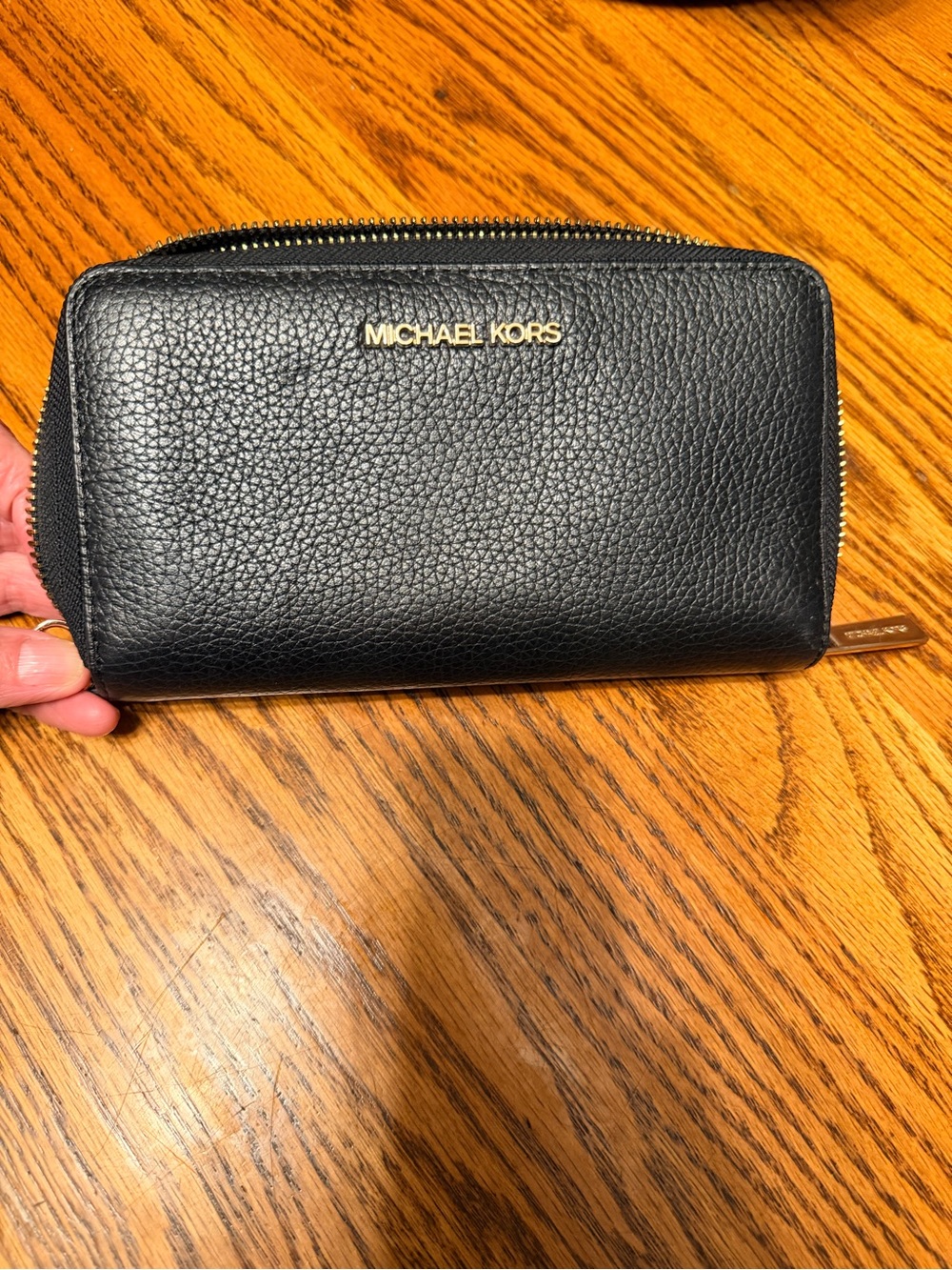 Michael Kors Black Pebbled Leather Zip-Around Wallet with Gold Logo